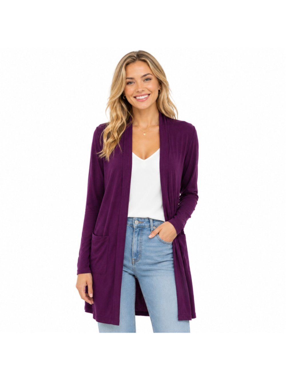 Women's Zenana Slouchy Pocket Open Cardigan – Eggplant – Size L – NIP